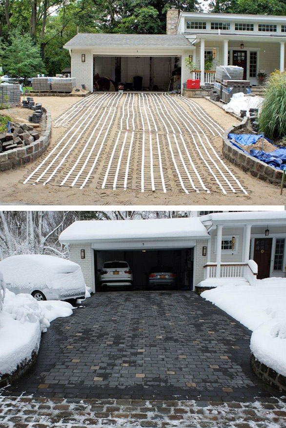 An electric heated driveway during the installation and afterwards.