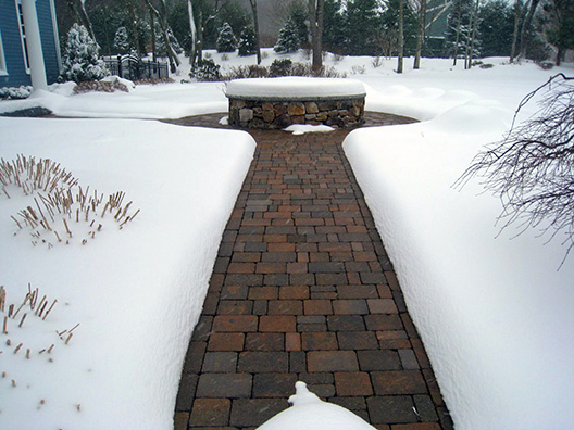 Heated paver sidewalk after a snowstorm.